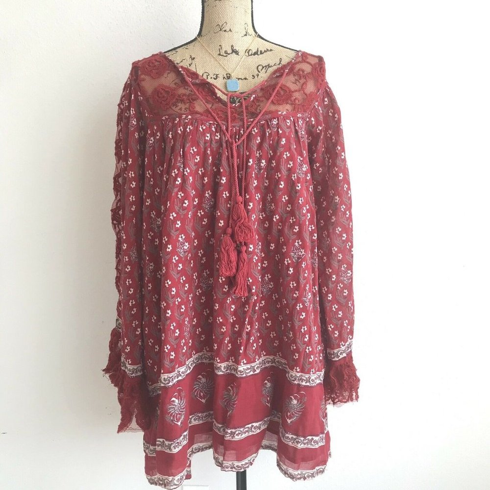 Free People Red Floral Peasant Tunic Dress Lace M - Picture 1 of 11
